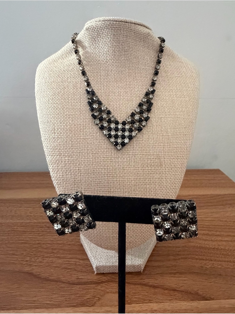 Vintage Crystal Chevron Necklace and Earrings Set in Black and Silver